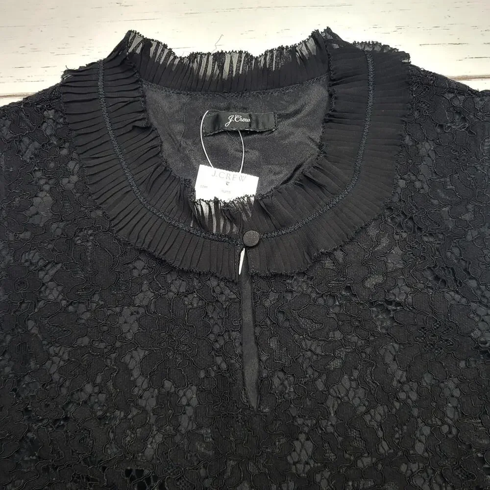 J Crew Black Lace Floral Ruffle Neck Blouse Sleeveless Top Lined Goth Medium